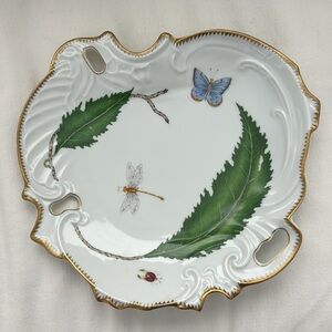 Anna Weatherly Designs hand painted leaf shaped dish with butterfly, green leaf